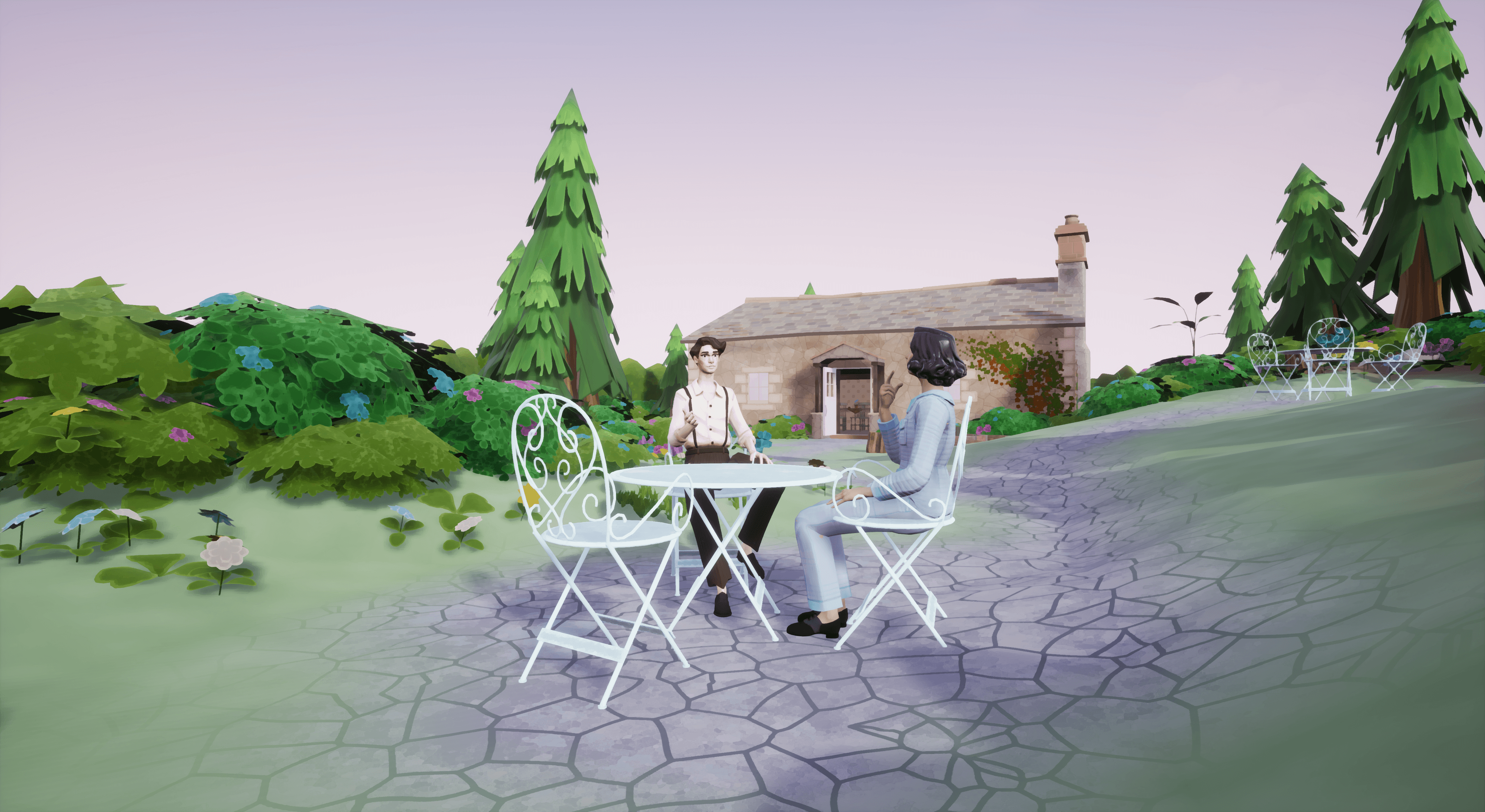 Two characters sitting outside a Cornwall cottage in conversation.